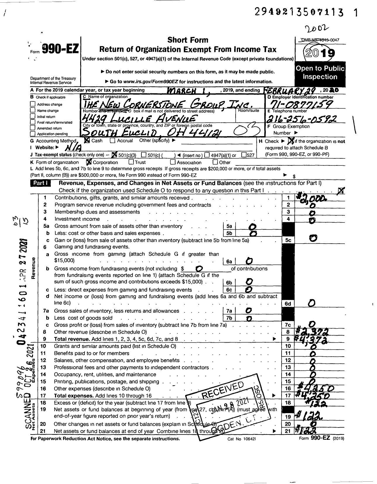 Image of first page of 2019 Form 990EZ for New Cornerstone Group