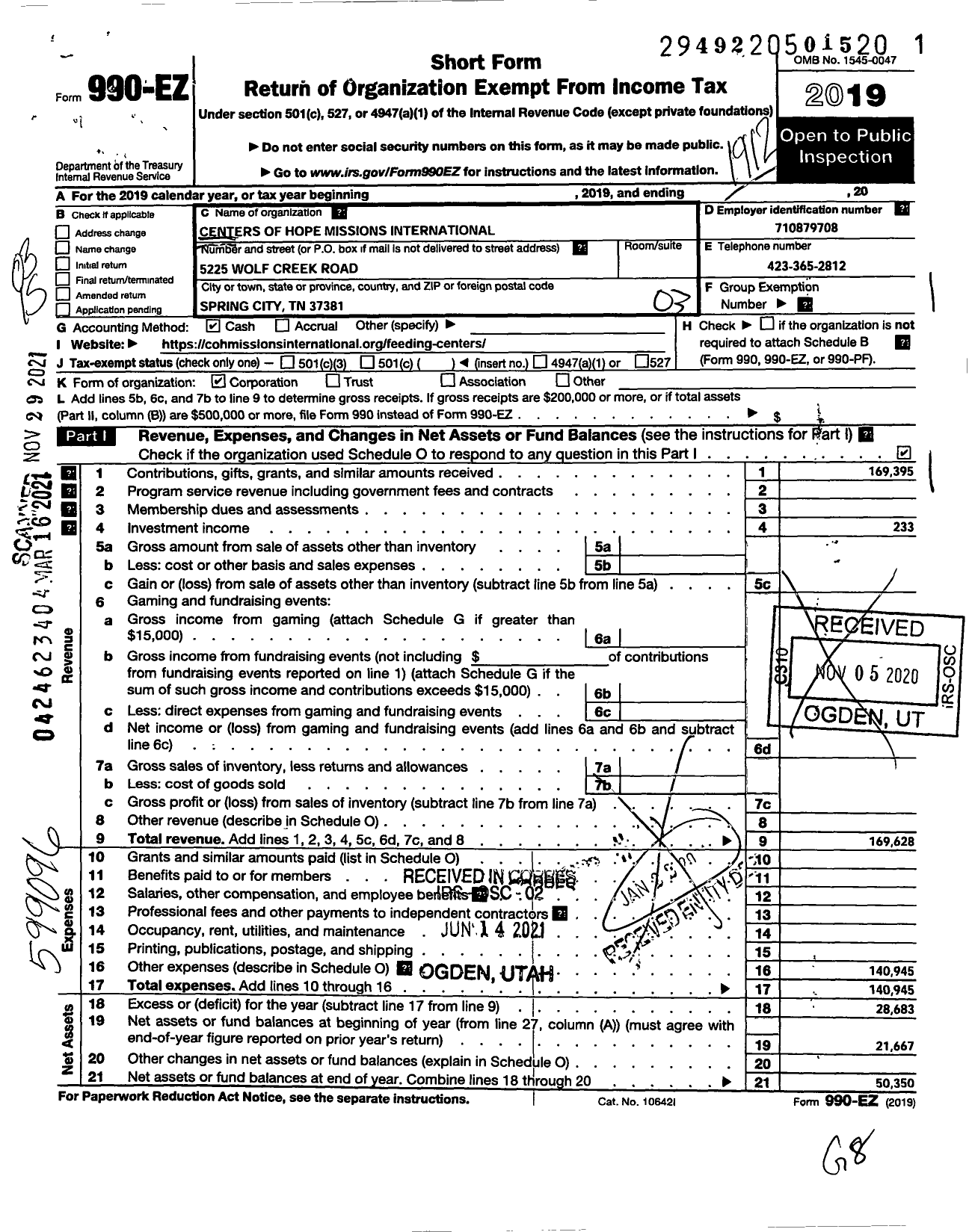 Image of first page of 2019 Form 990EZ for Centers of Hope Missions International