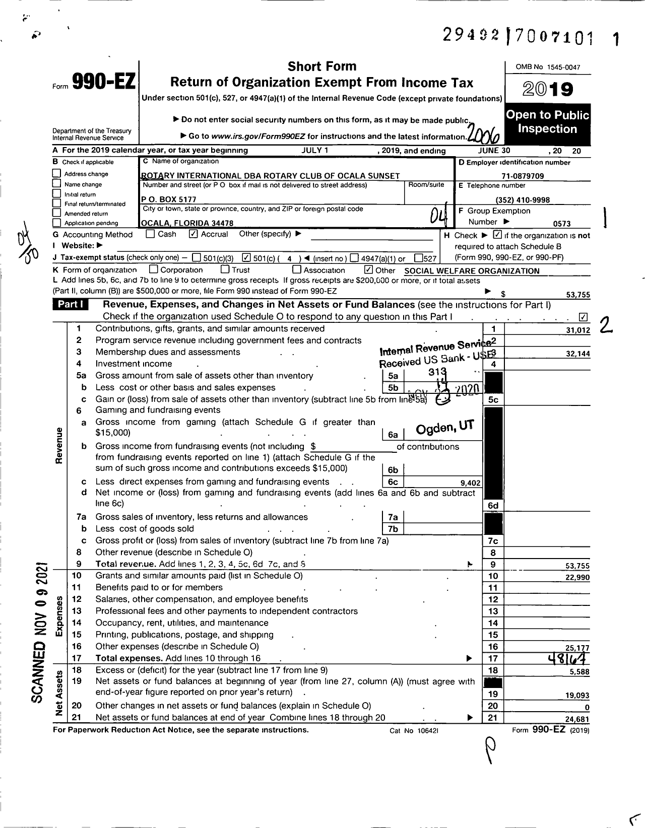 Image of first page of 2019 Form 990EO for Rotary International - Rotary Club of Ocala Sunset