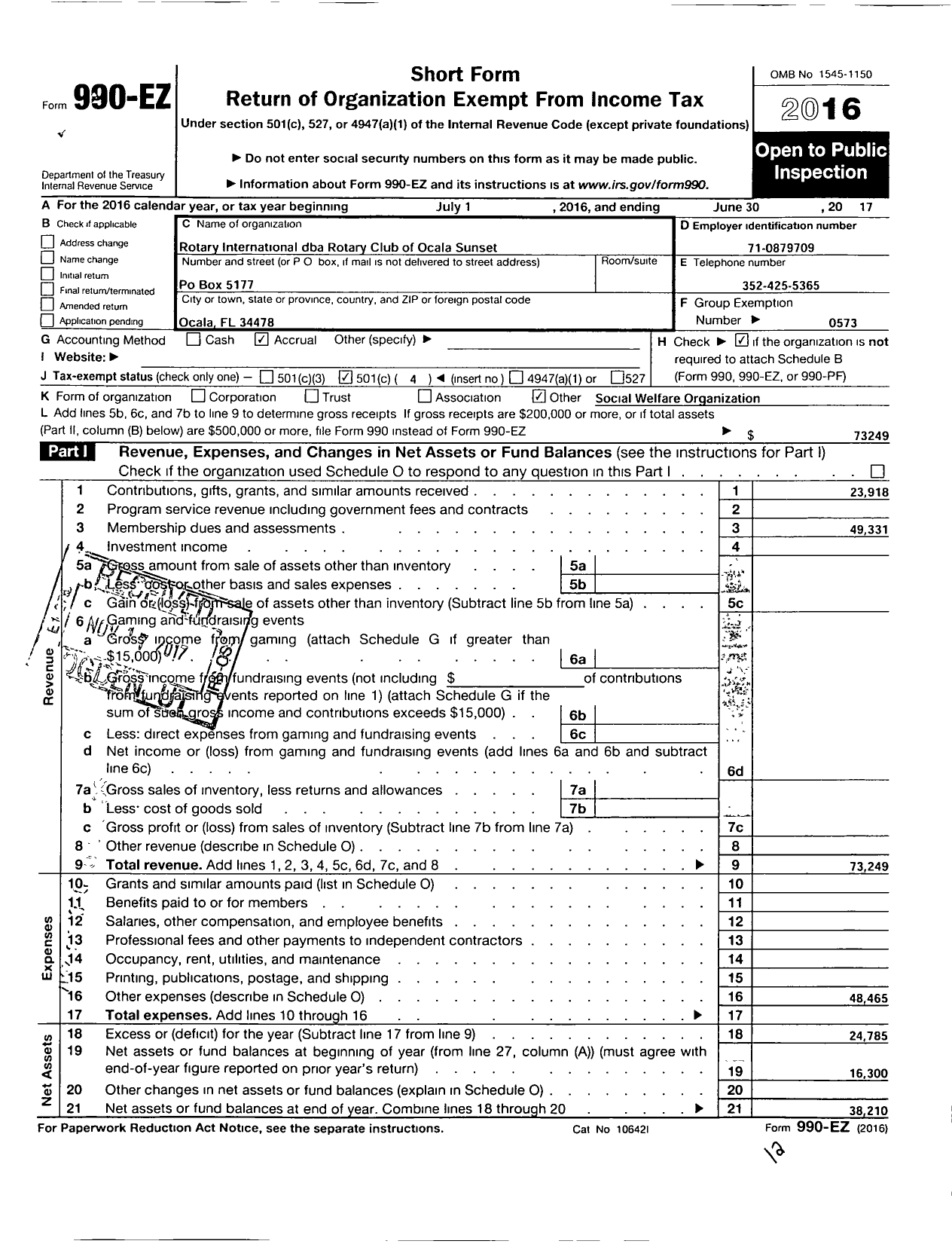 Image of first page of 2016 Form 990EO for Rotary International - Rotary Club of Ocala Sunset