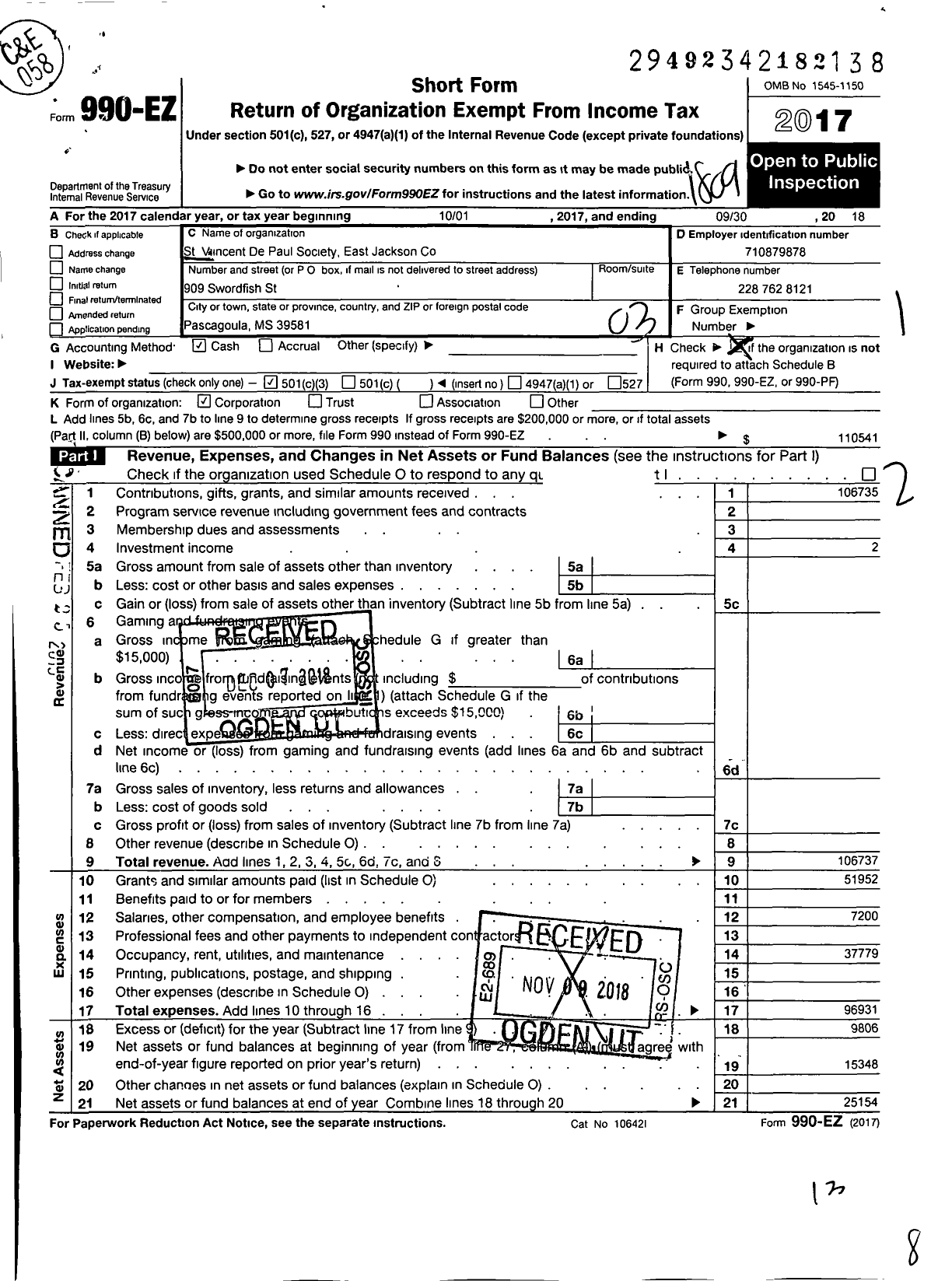 Image of first page of 2017 Form 990EZ for St Vincent de Paul Society of East Jackson County