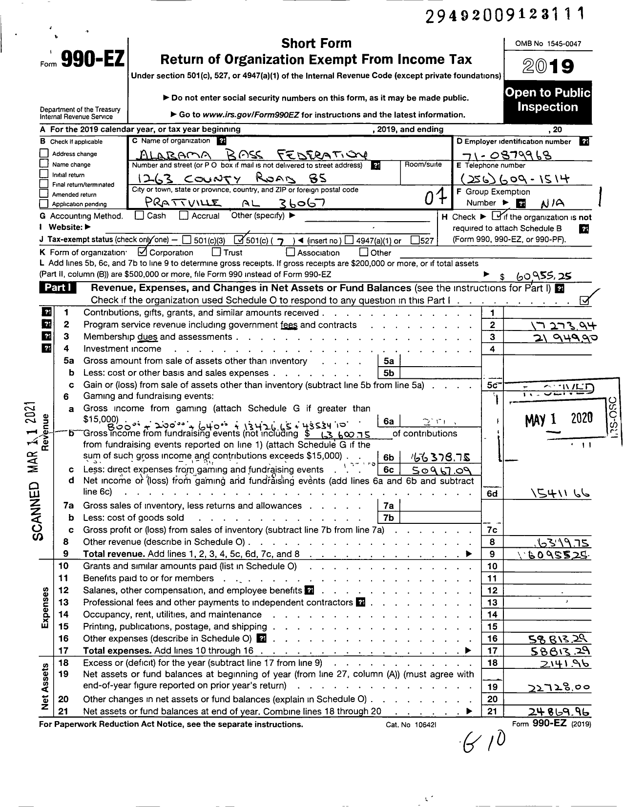 Image of first page of 2019 Form 990EO for Alabama Bass Federation