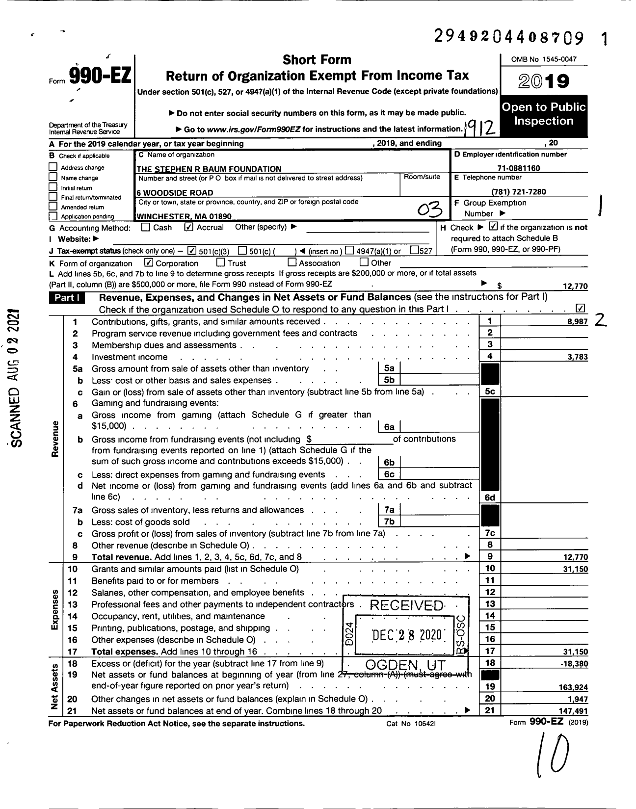 Image of first page of 2019 Form 990EZ for Stephen R Baum Foundation