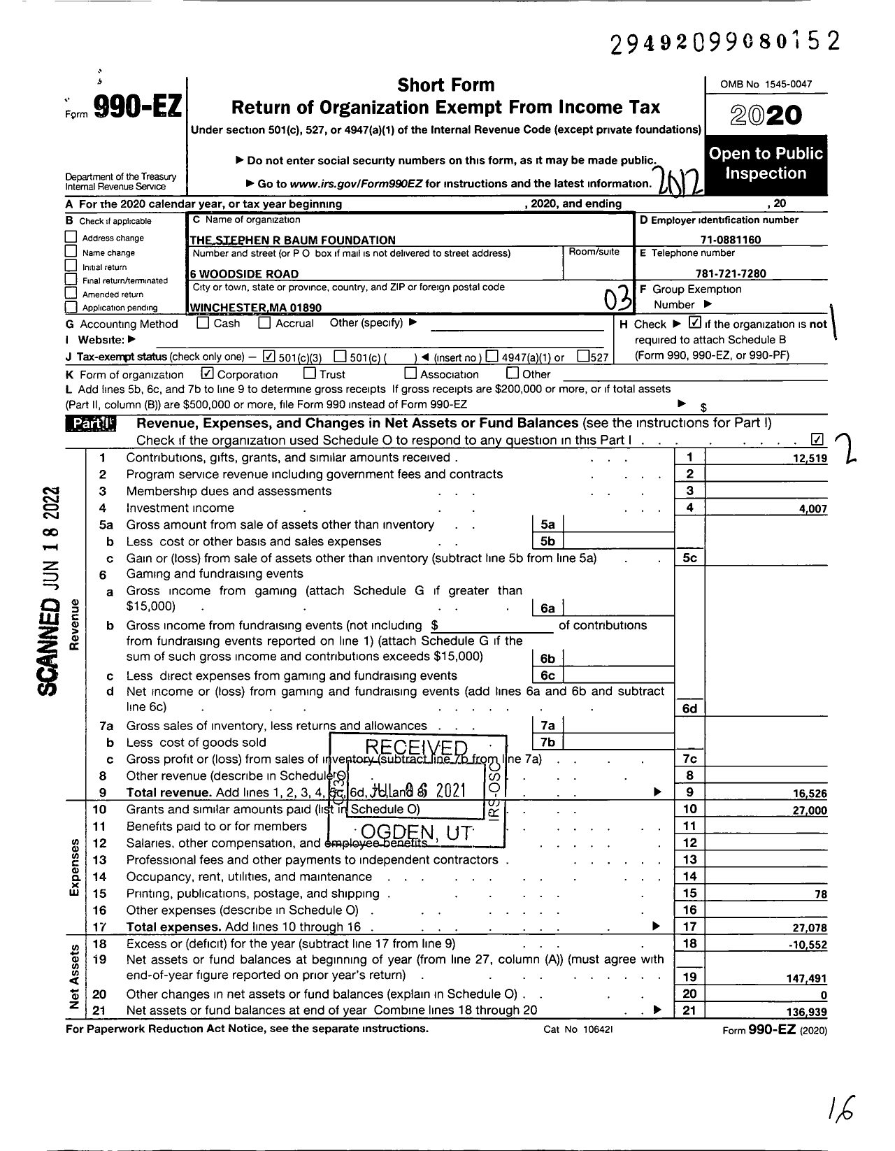 Image of first page of 2020 Form 990EZ for Stephen R Baum Foundation