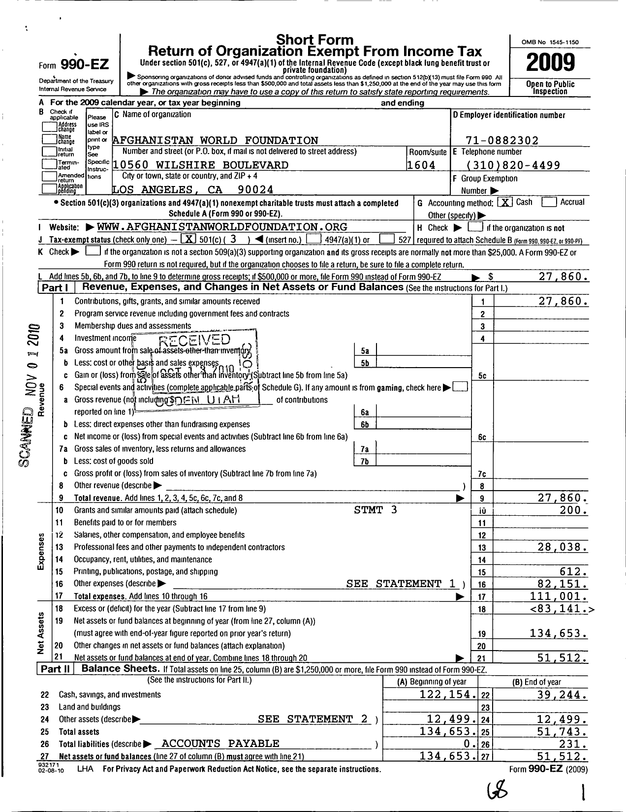 Image of first page of 2009 Form 990EZ for Afghanistan World Foundation