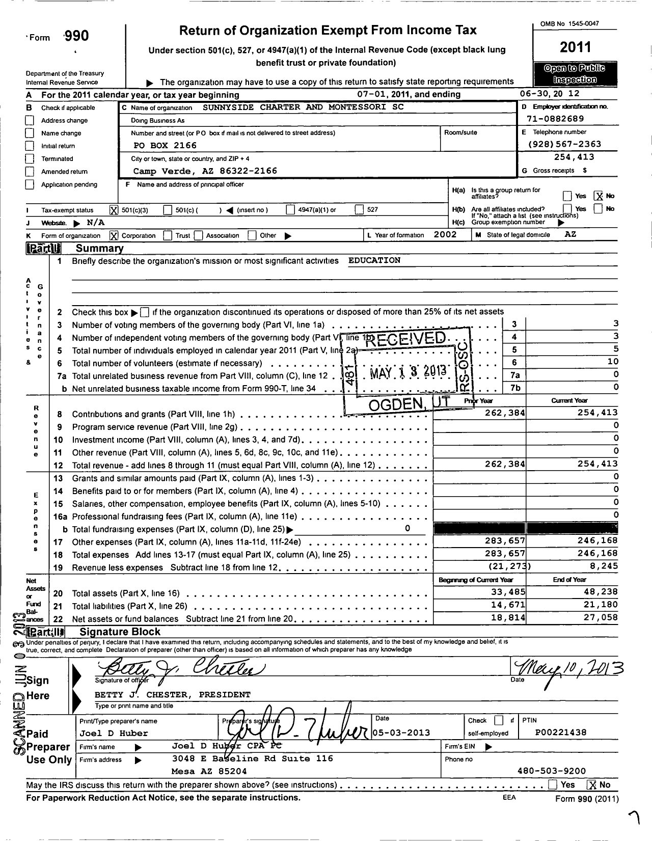 Image of first page of 2011 Form 990 for Sunnyside Charter and Montessori School