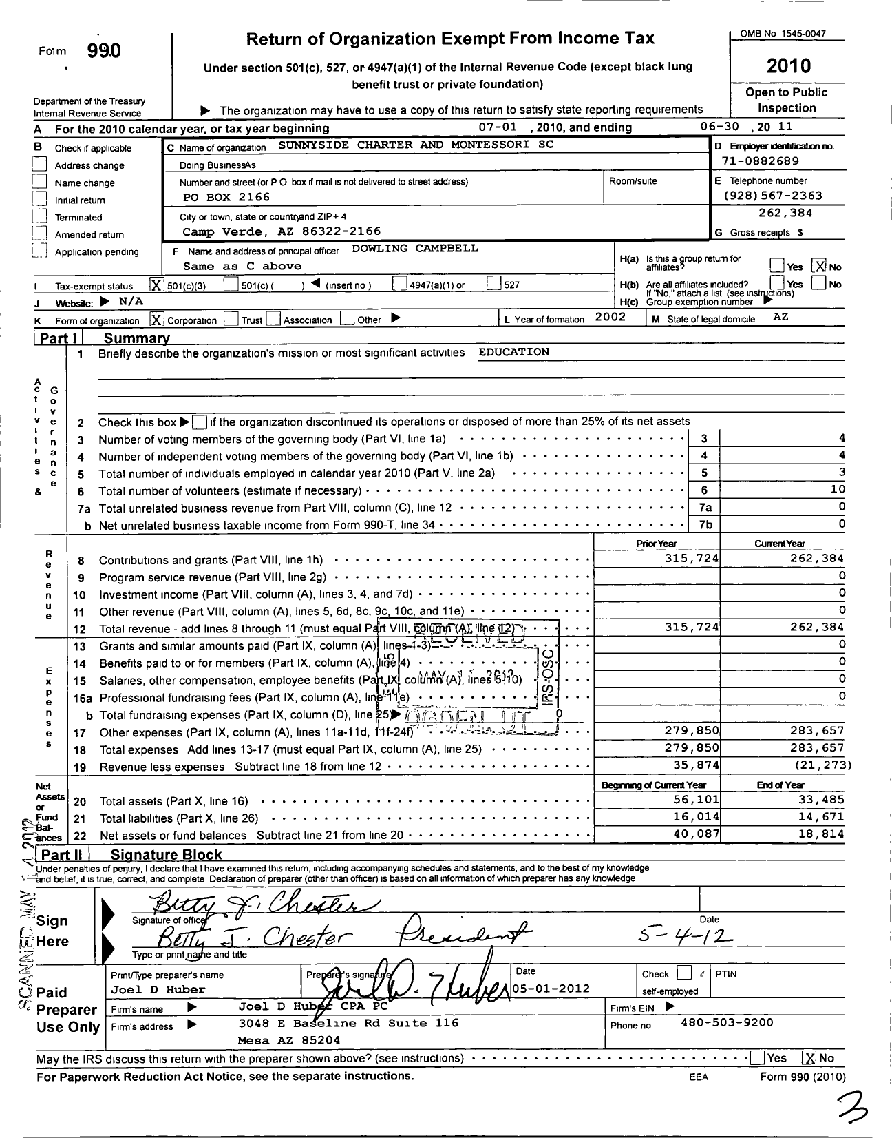 Image of first page of 2010 Form 990 for Sunnyside Charter and Montessori School