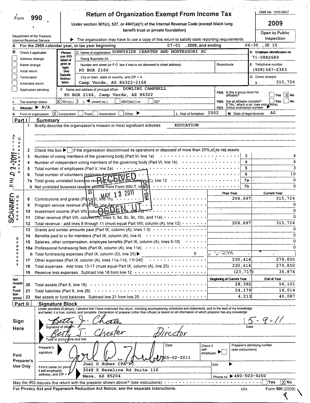 Image of first page of 2009 Form 990 for Sunnyside Charter and Montessori School