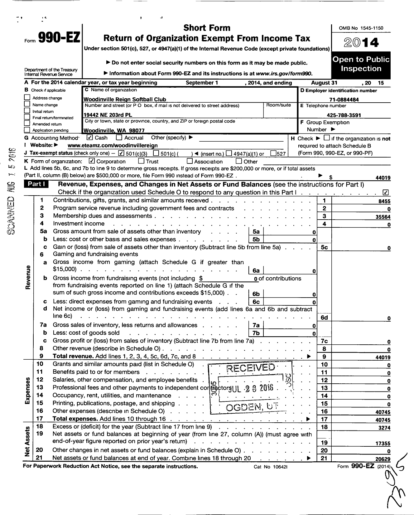 Image of first page of 2014 Form 990EZ for Woodinville Reign Softball Club