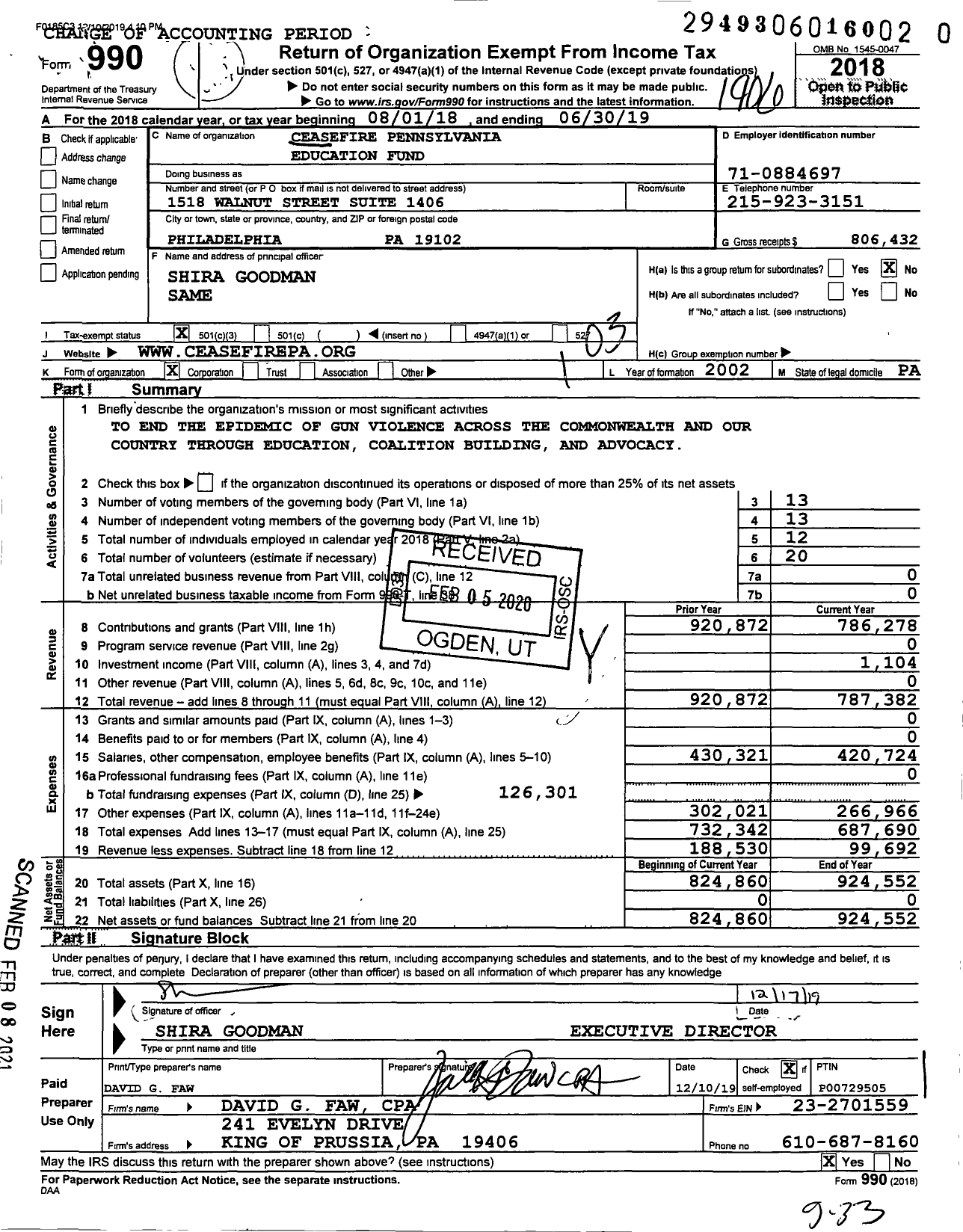 Image of first page of 2018 Form 990 for CeaseFire Pennsylvania Education Fund