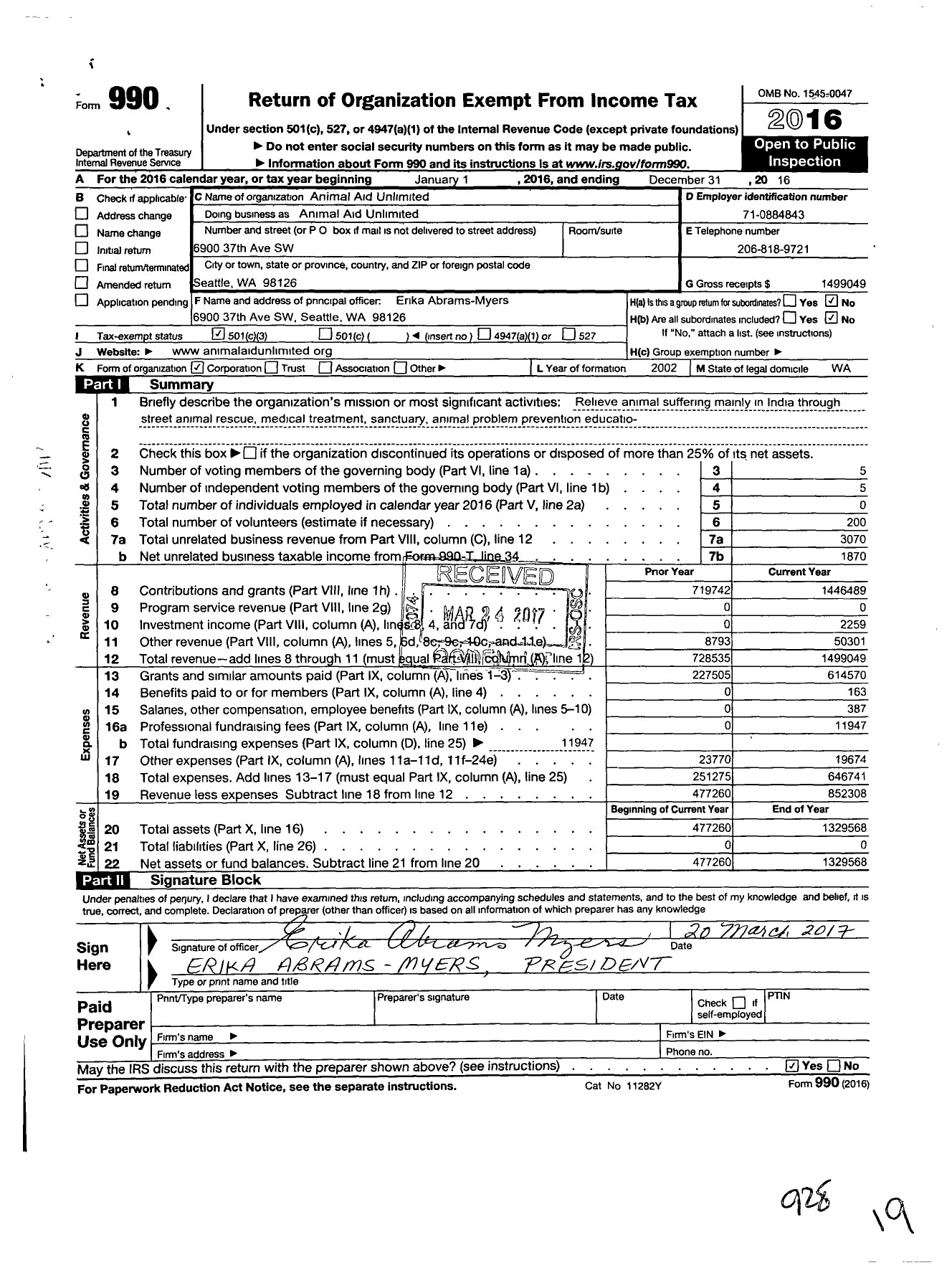 Image of first page of 2016 Form 990 for Animal Aid Unlimited