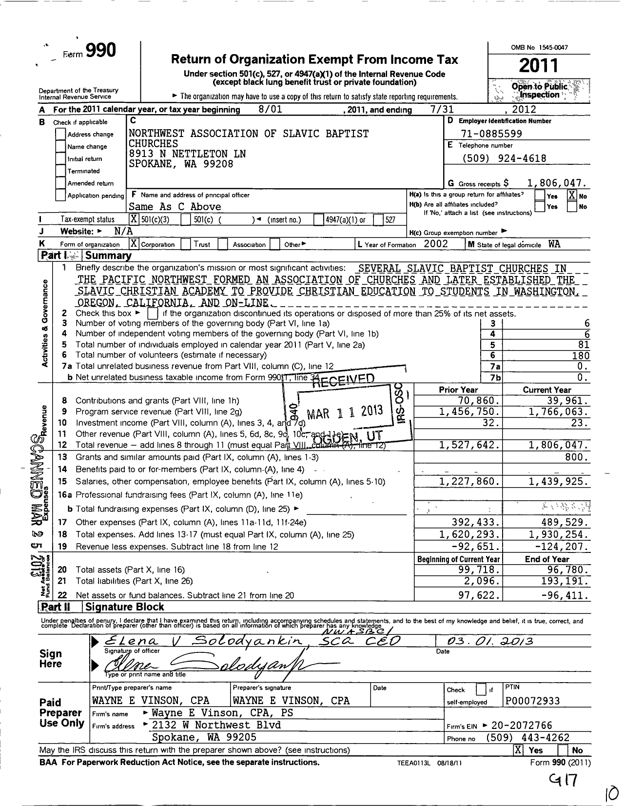 Image of first page of 2011 Form 990 for Northwest Association of Slavic Baptist Churches