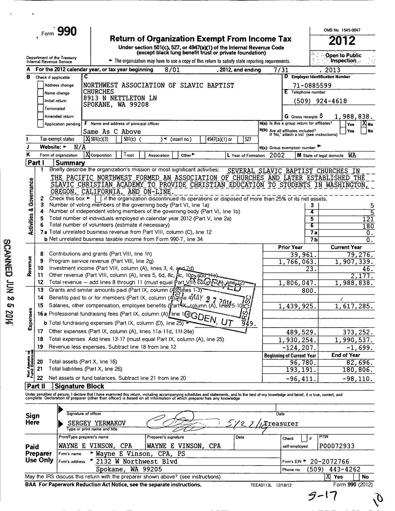 Image of first page of 2012 Form 990 for Northwest Association of Slavic Baptist Churches