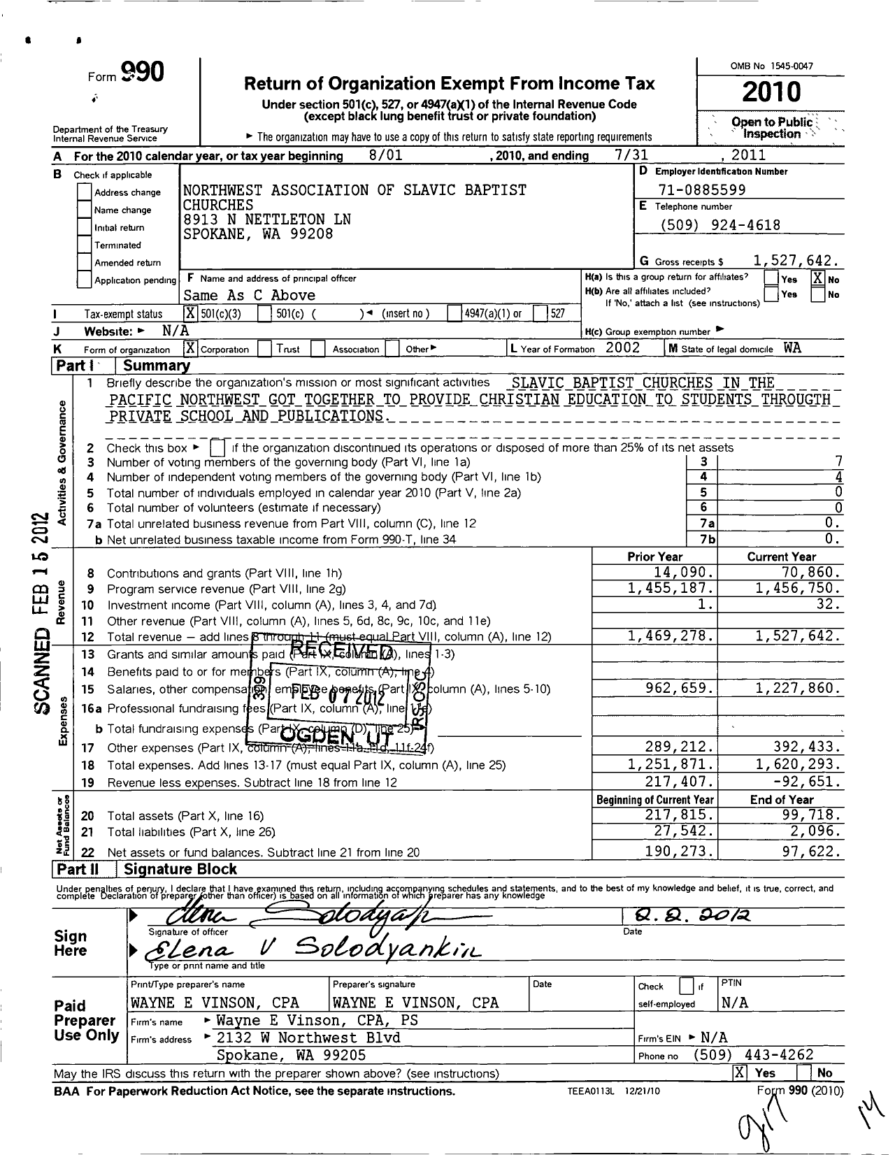 Image of first page of 2010 Form 990 for Northwest Association of Slavic Baptist Churches