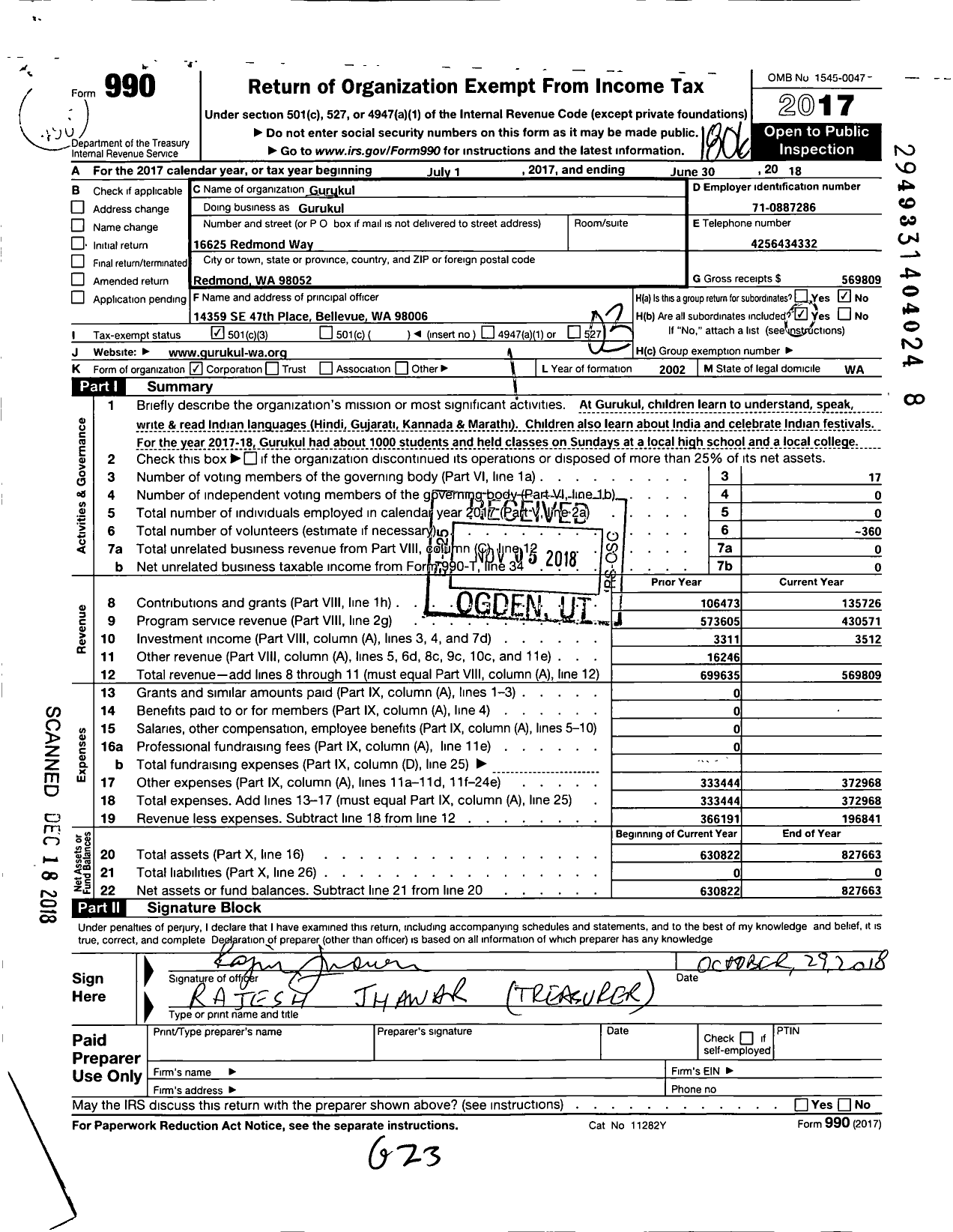 Image of first page of 2017 Form 990 for Gurukul