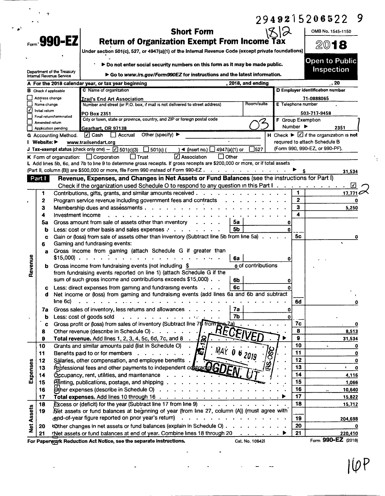 Image of first page of 2018 Form 990EZ for Trails End Art Association Incorporated