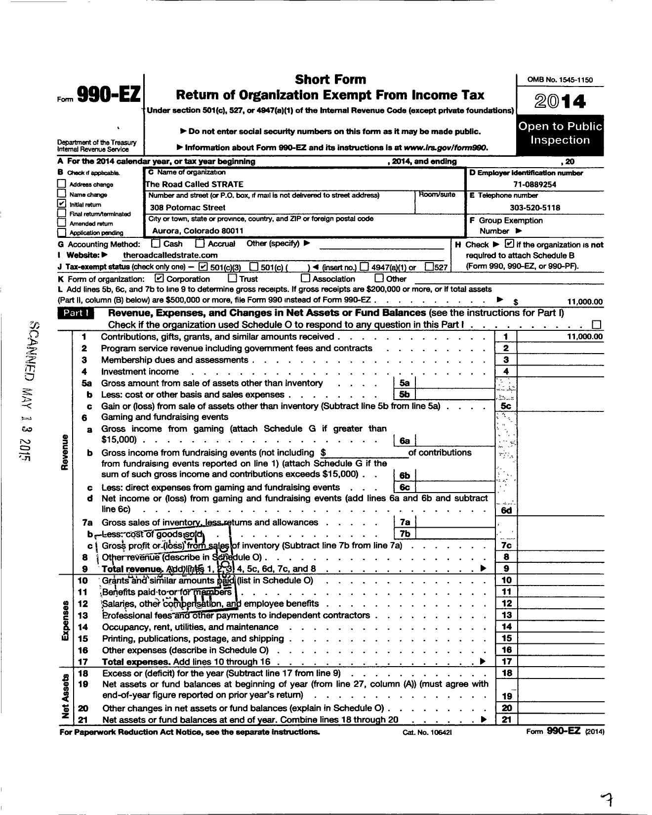 Image of first page of 2014 Form 990EZ for The Road Called Strate