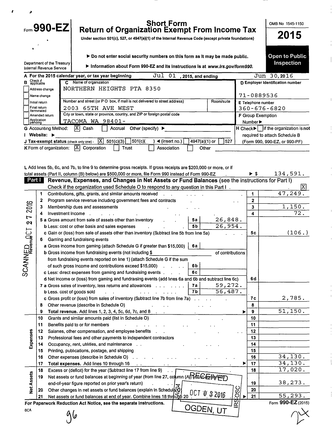 Image of first page of 2015 Form 990EZ for Northern Heights PTA 8350