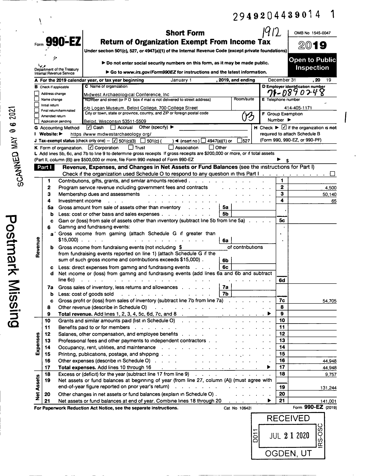 Image of first page of 2019 Form 990EZ for Midwest Archaeological Conference