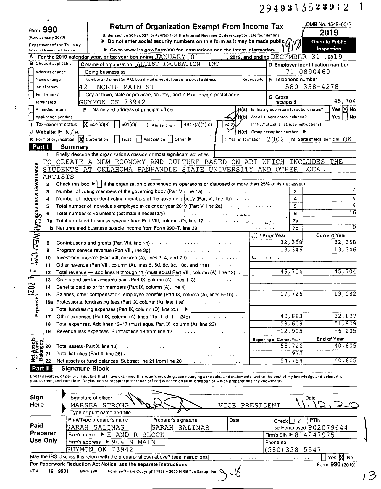 Image of first page of 2019 Form 990 for Artist Incubation