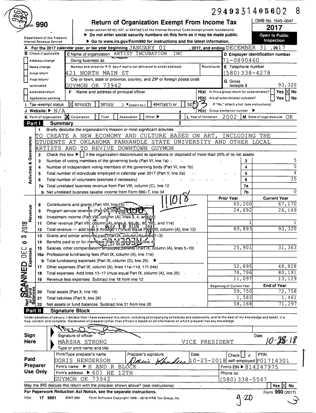 Image of first page of 2017 Form 990 for Artist Incubation