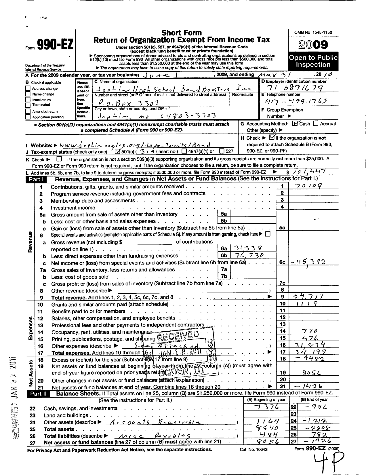 Image of first page of 2009 Form 990EZ for Joplin High School Band Boosters