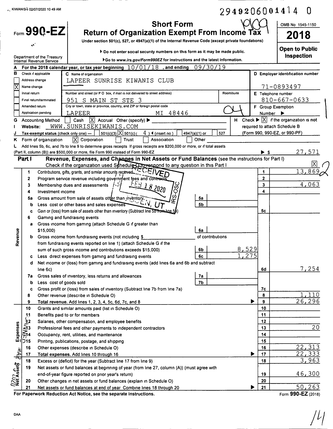 Image of first page of 2018 Form 990EO for Kiwanis International - K16324 Lapeer Sunrise