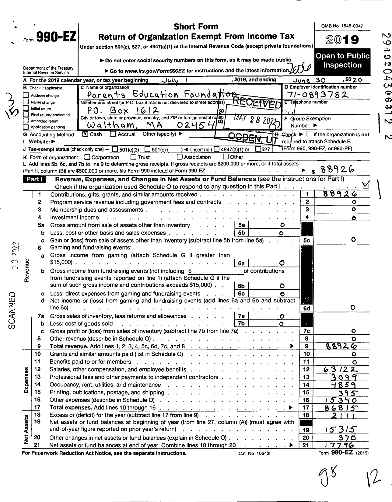 Image of first page of 2019 Form 990EZ for Parents Education Foundation