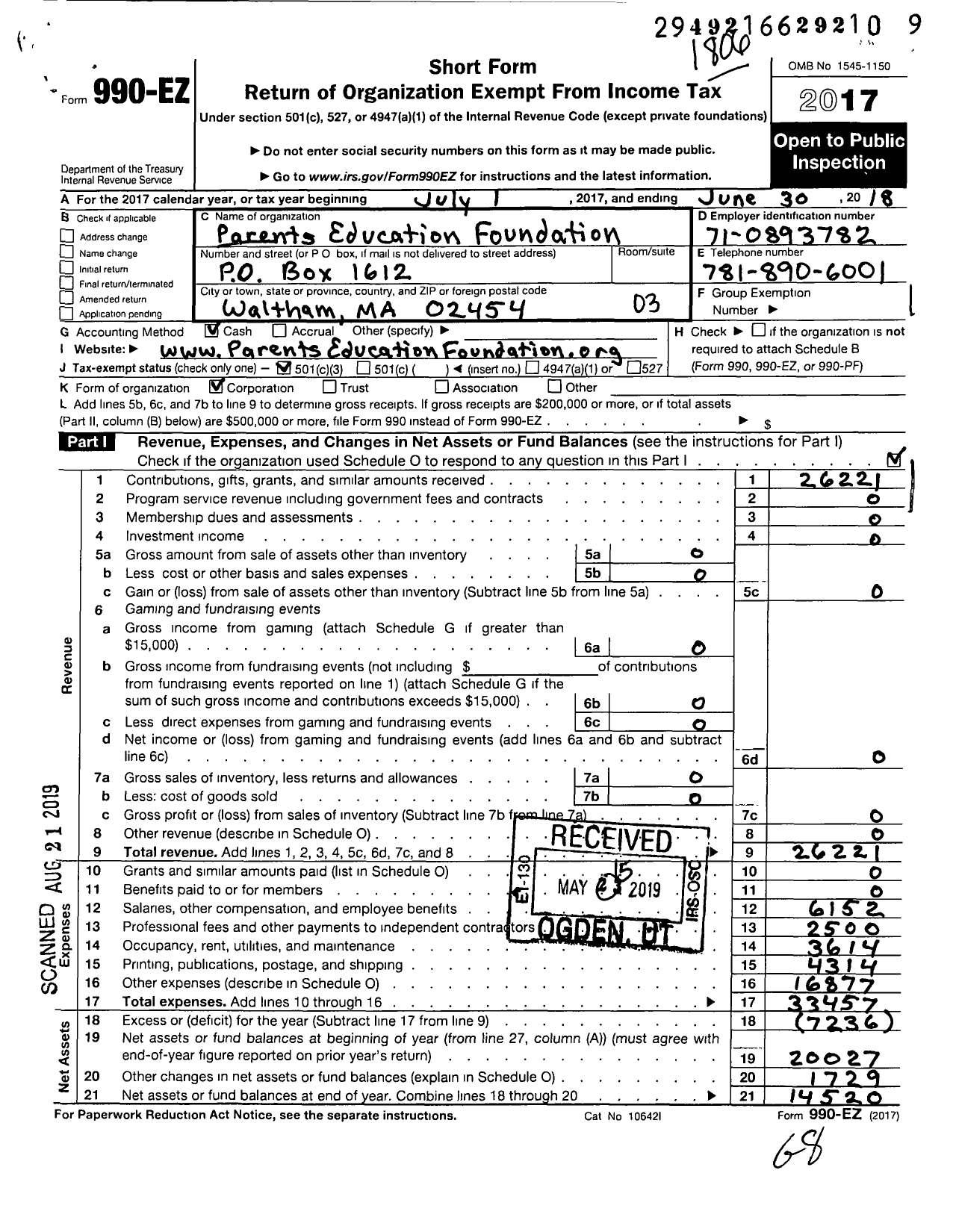 Image of first page of 2017 Form 990EZ for Parents Education Foundation