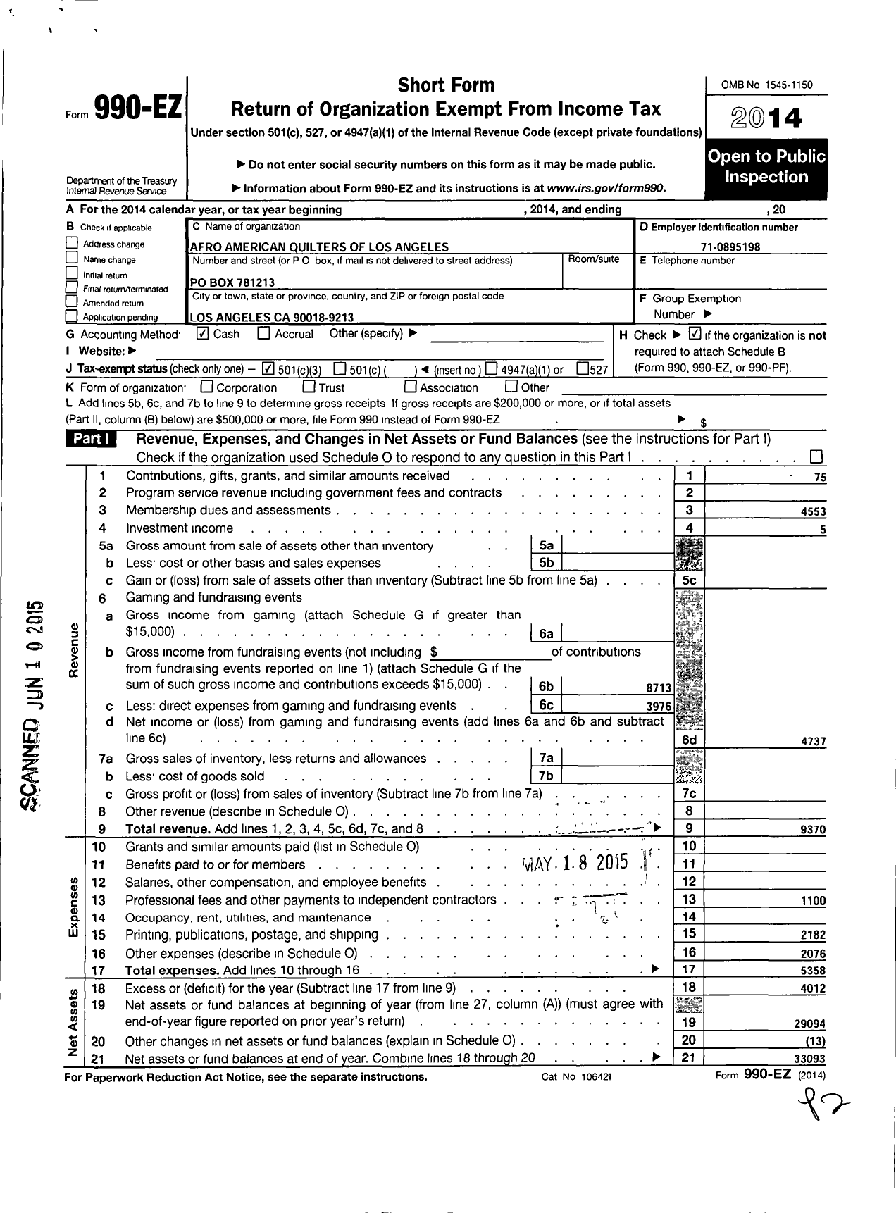 Image of first page of 2014 Form 990EZ for Afro-American Quilters of Los Angeles