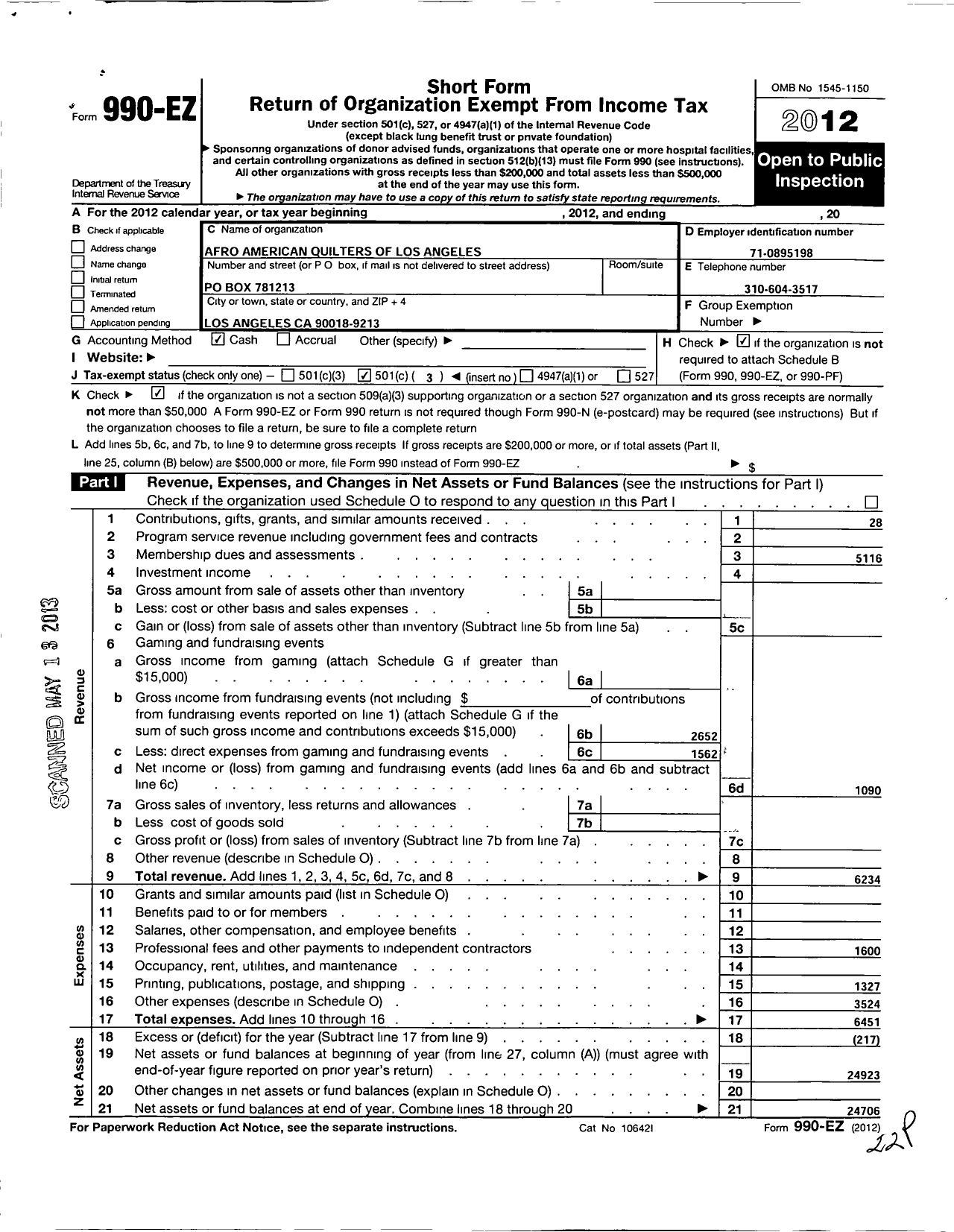 Image of first page of 2012 Form 990EZ for Afro-American Quilters of Los Angeles