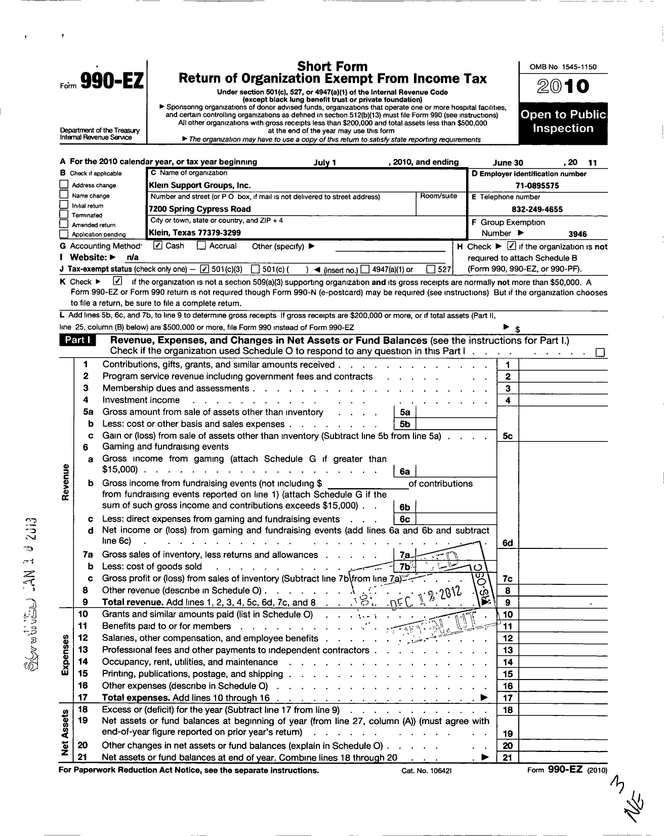 Image of first page of 2010 Form 990EZ for Klein Support Groups