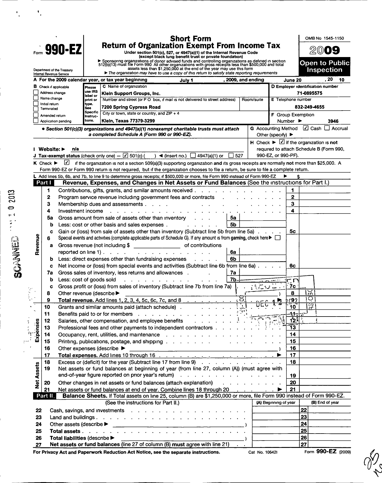 Image of first page of 2009 Form 990EO for Klein Support Groups