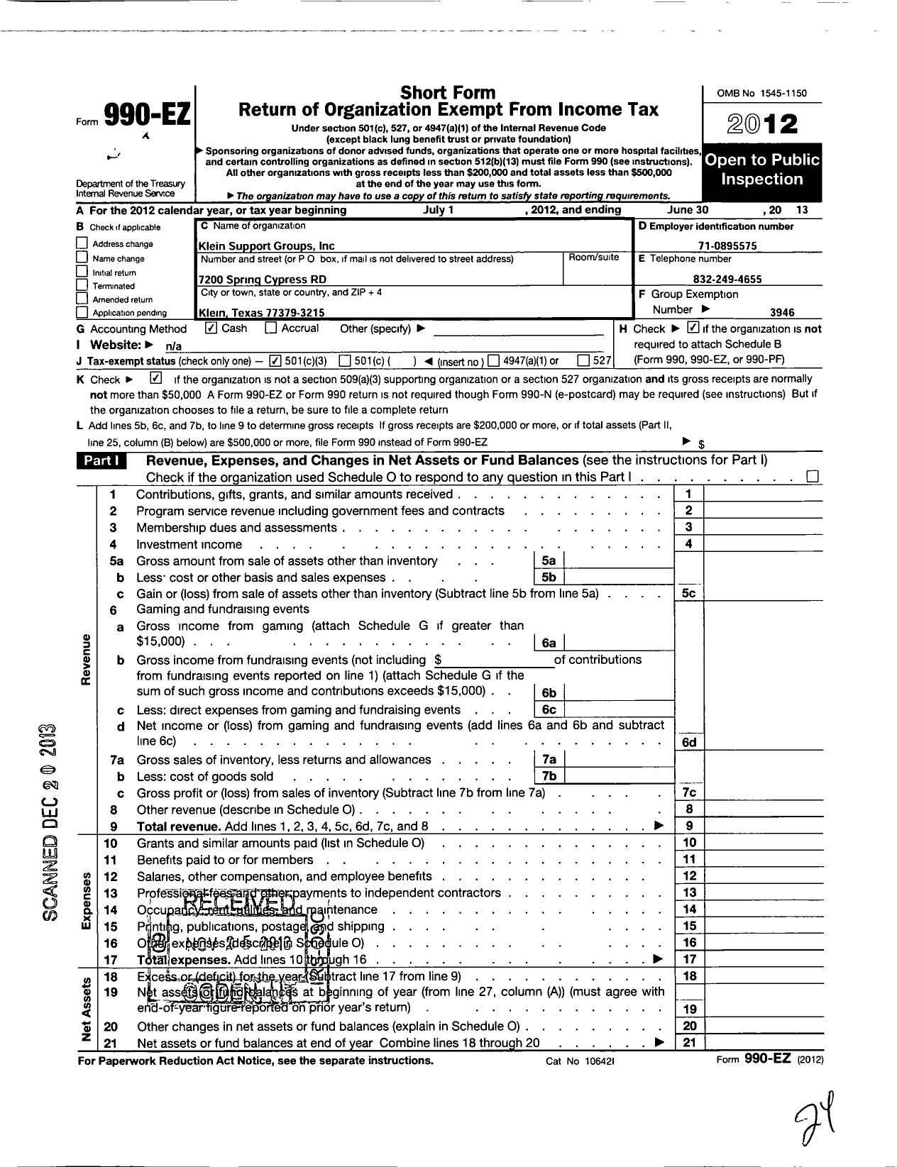 Image of first page of 2012 Form 990EZ for Klein Support Groups