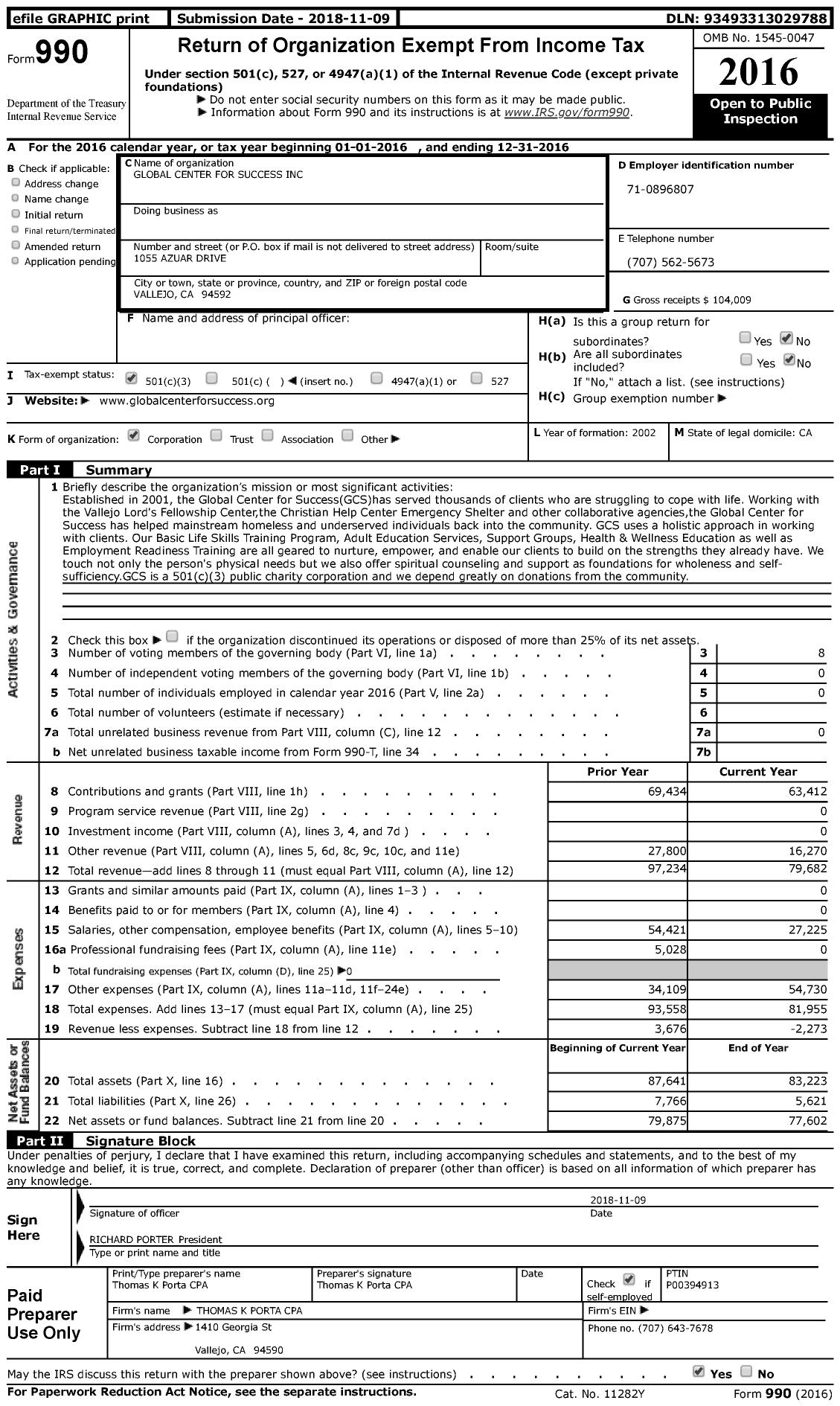 Image of first page of 2016 Form 990 for Global Center for Success