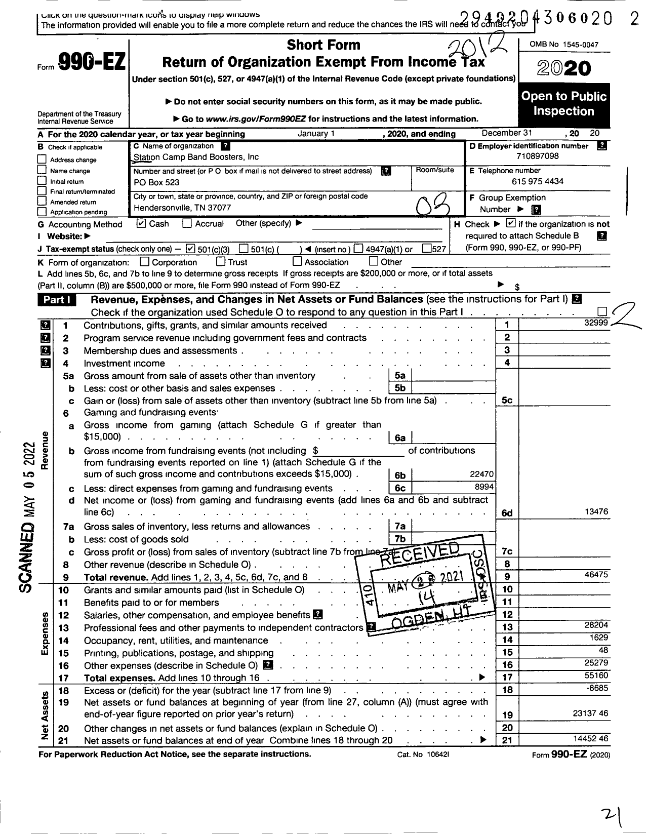 Image of first page of 2020 Form 990EZ for Station Camp Band Boosters