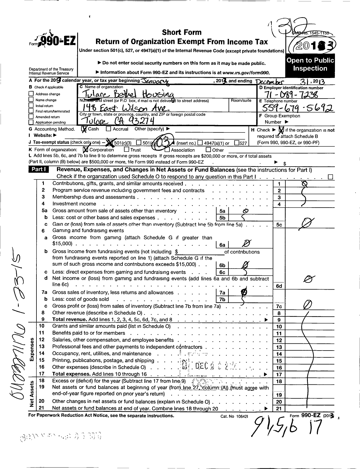 Image of first page of 2013 Form 990EZ for Tulare Bethel Housing