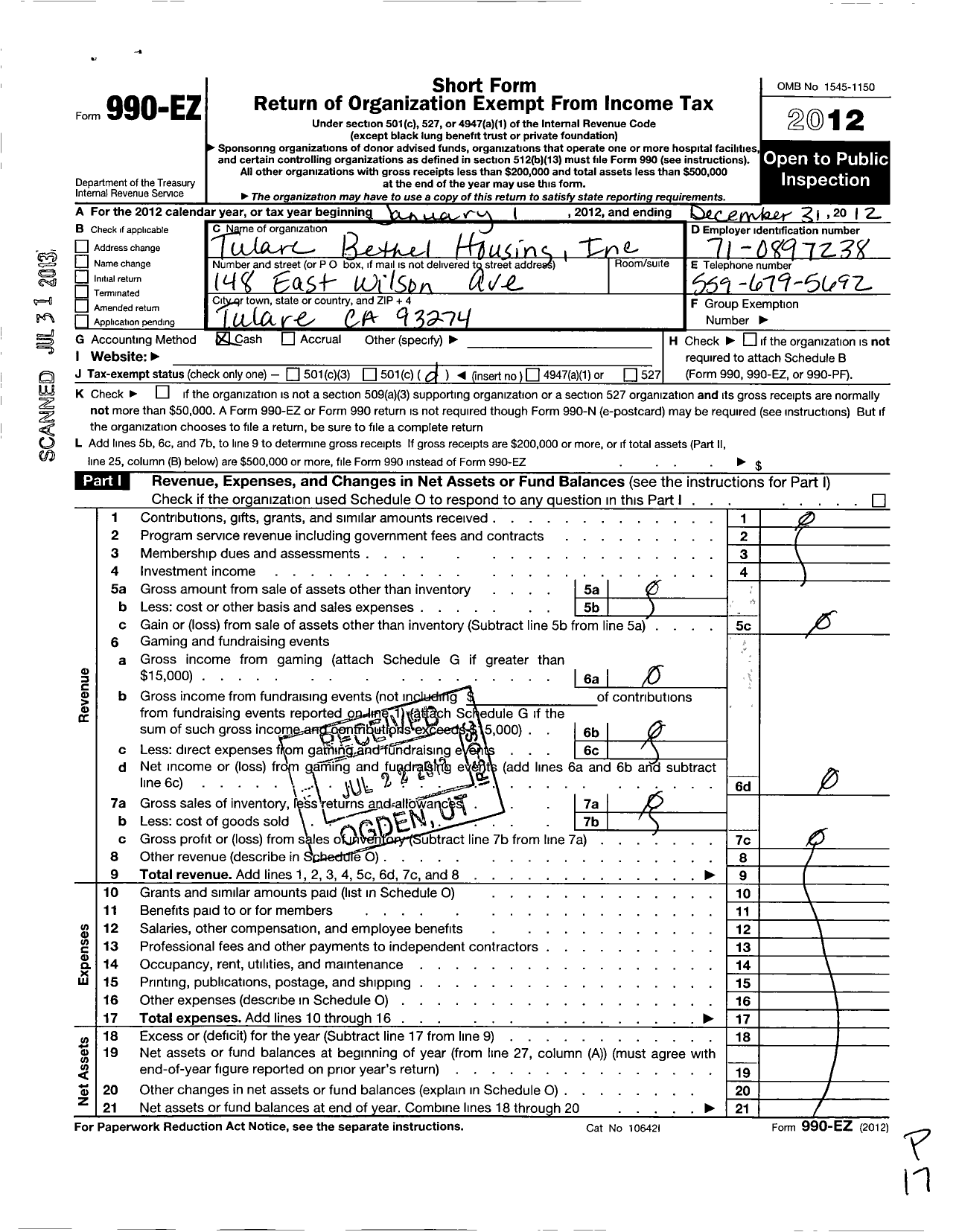 Image of first page of 2012 Form 990EO for Tulare Bethel Housing