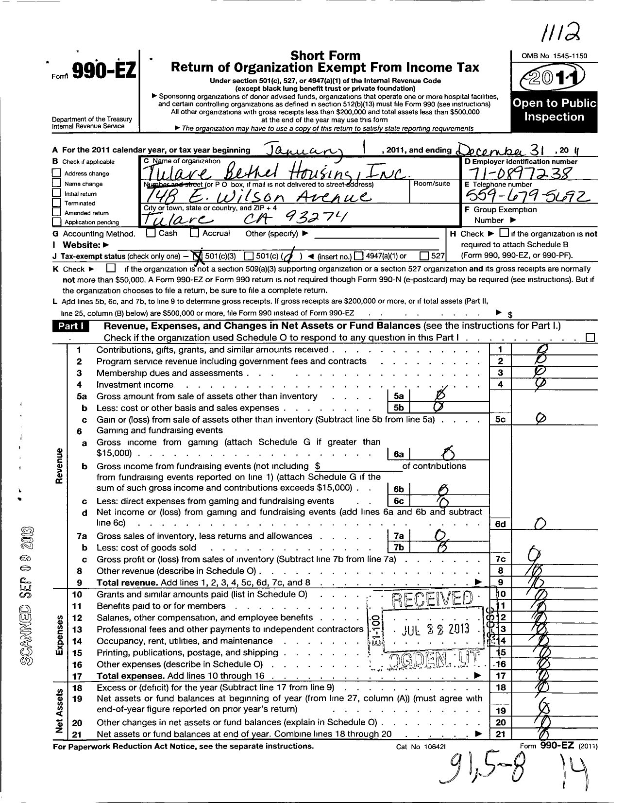 Image of first page of 2011 Form 990EZ for Tulare Bethel Housing