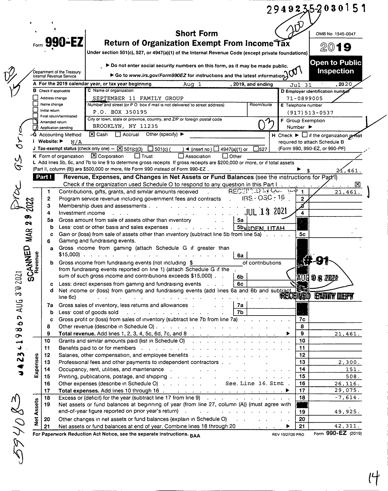 Image of first page of 2019 Form 990EZ for September 11 Family Group