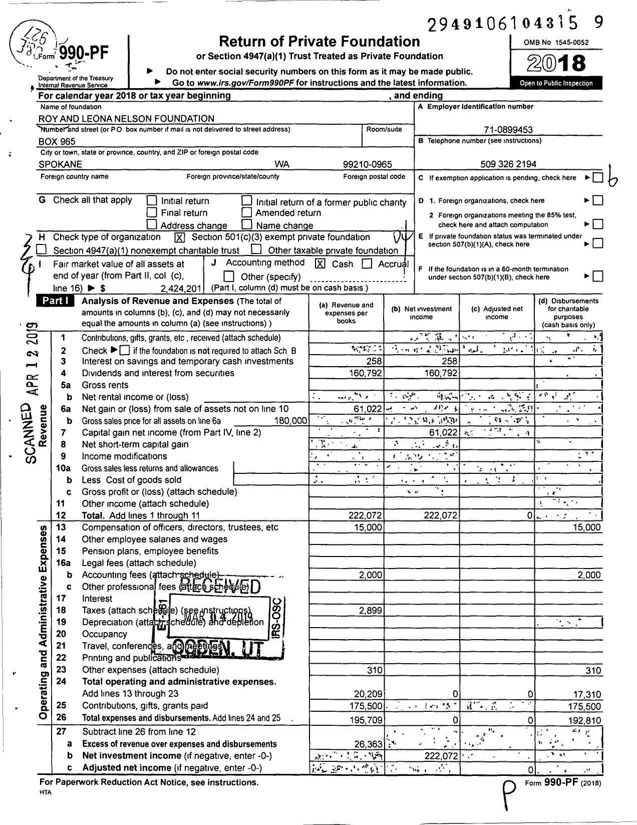 Image of first page of 2018 Form 990PF for Roy and Leona Nelson Foundation