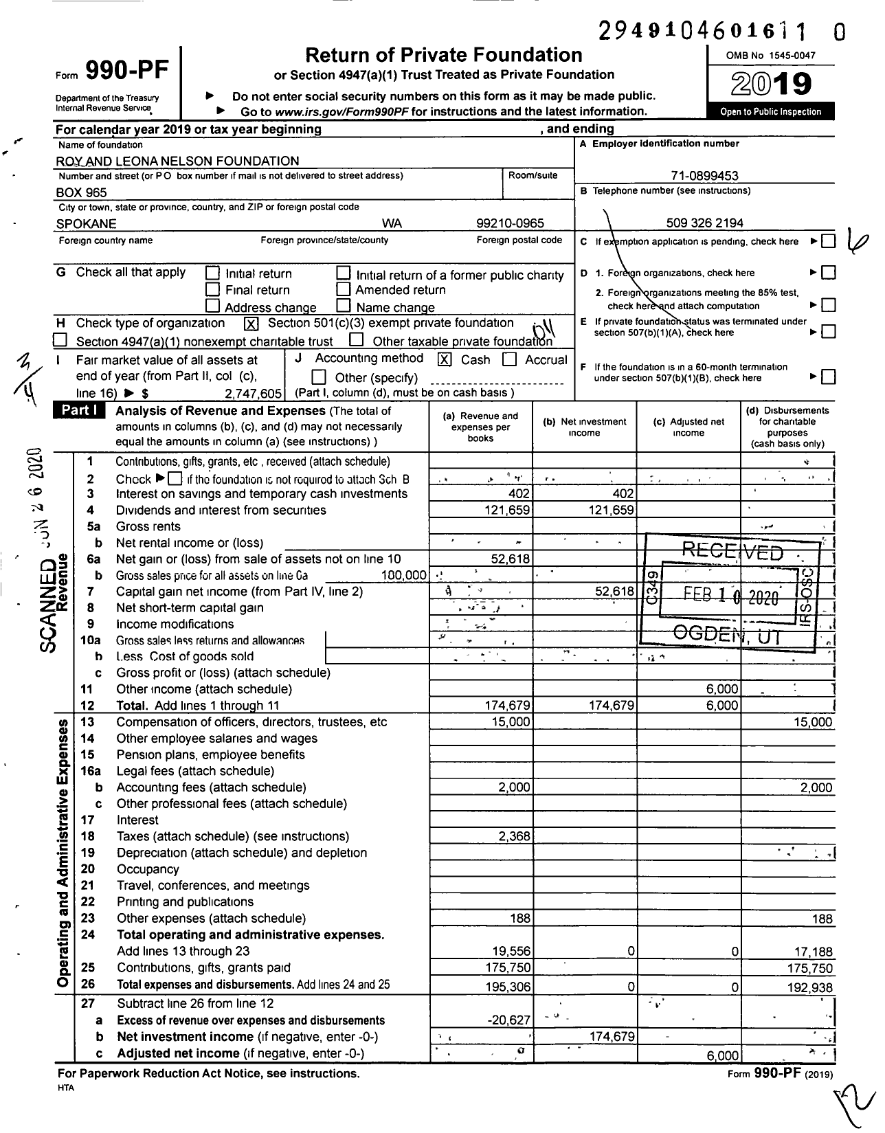 Image of first page of 2019 Form 990PR for Roy and Leona Nelson Foundation