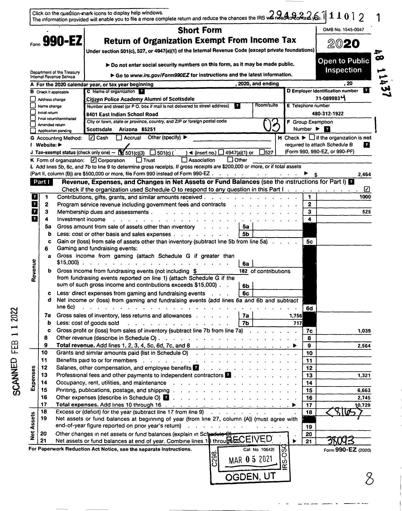 Image of first page of 2020 Form 990EZ for Citizen Police Academy Alumni of Scottsdale