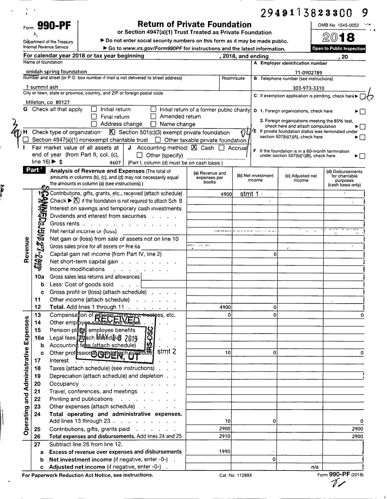 Image of first page of 2018 Form 990PF for onidah spring foundation