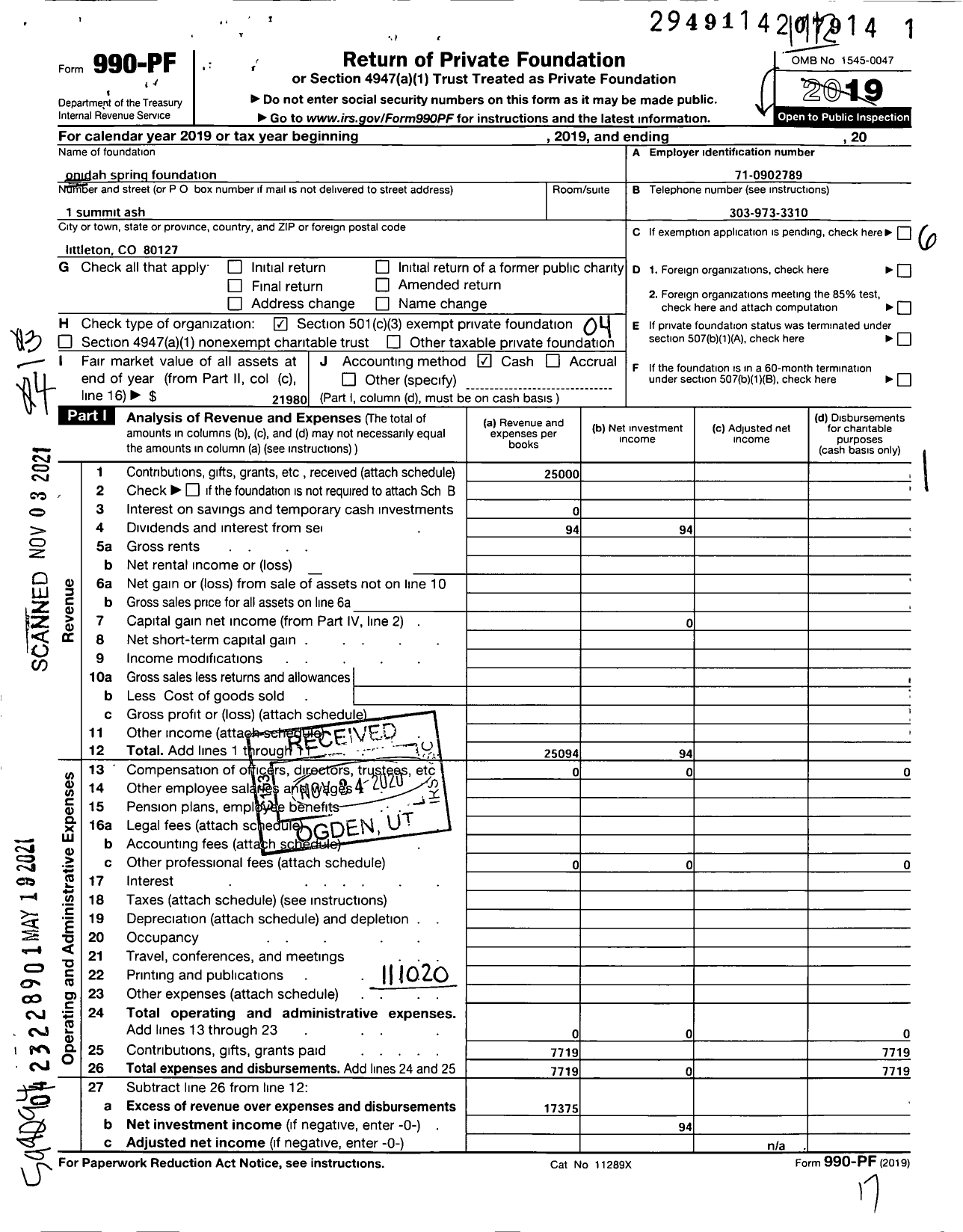 Image of first page of 2019 Form 990PF for onidah spring foundation