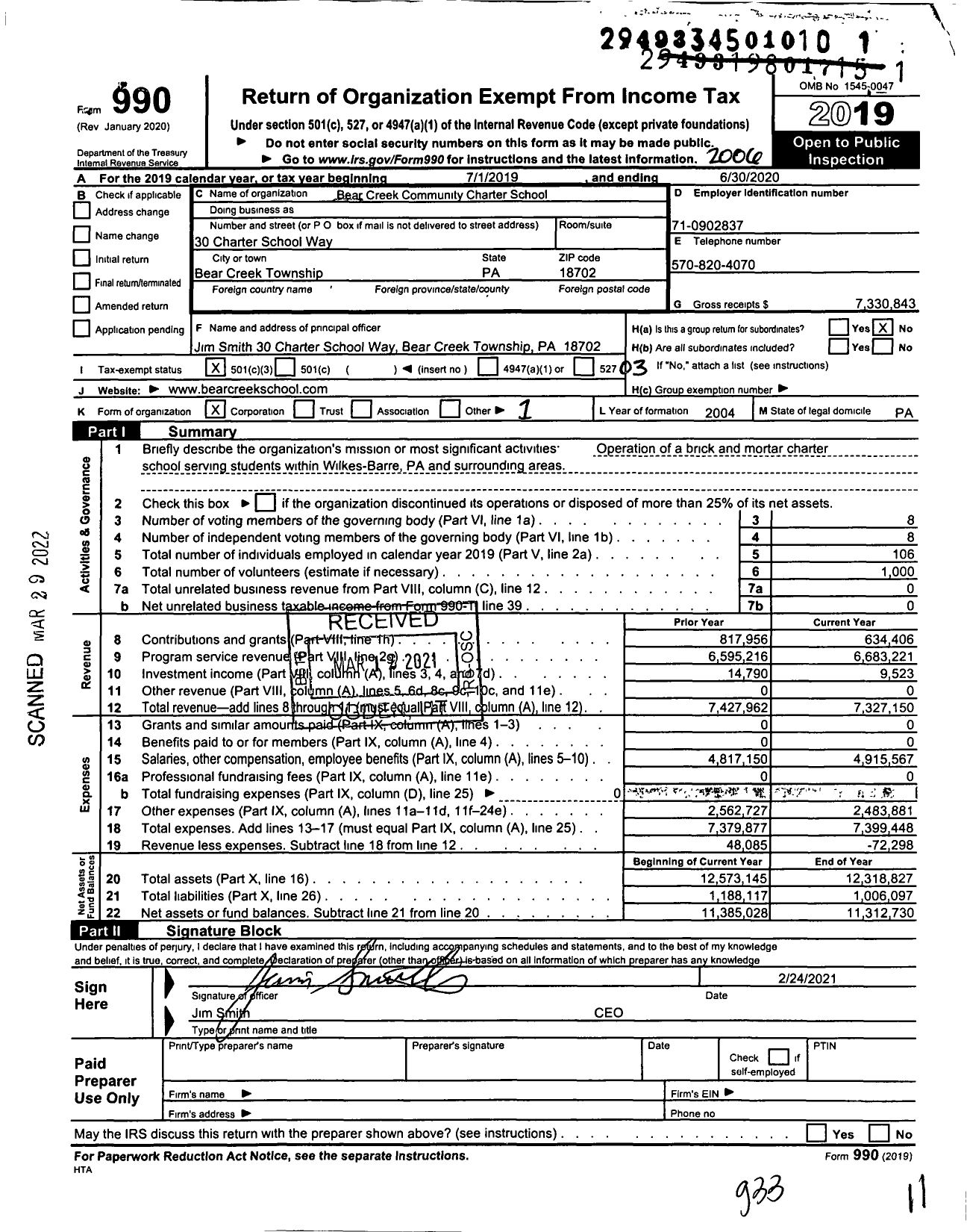 Image of first page of 2019 Form 990 for Bear Creek Community Charter School