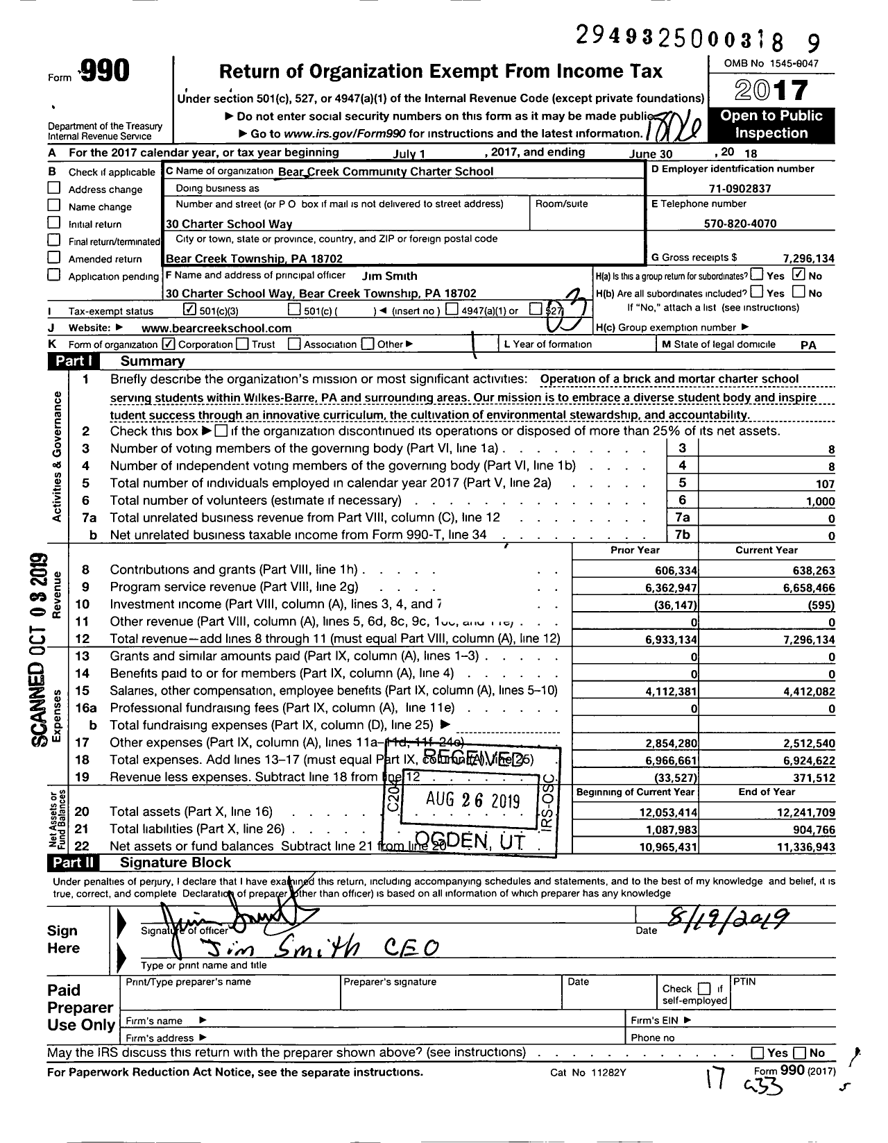 Image of first page of 2017 Form 990 for Bear Creek Community Charter School