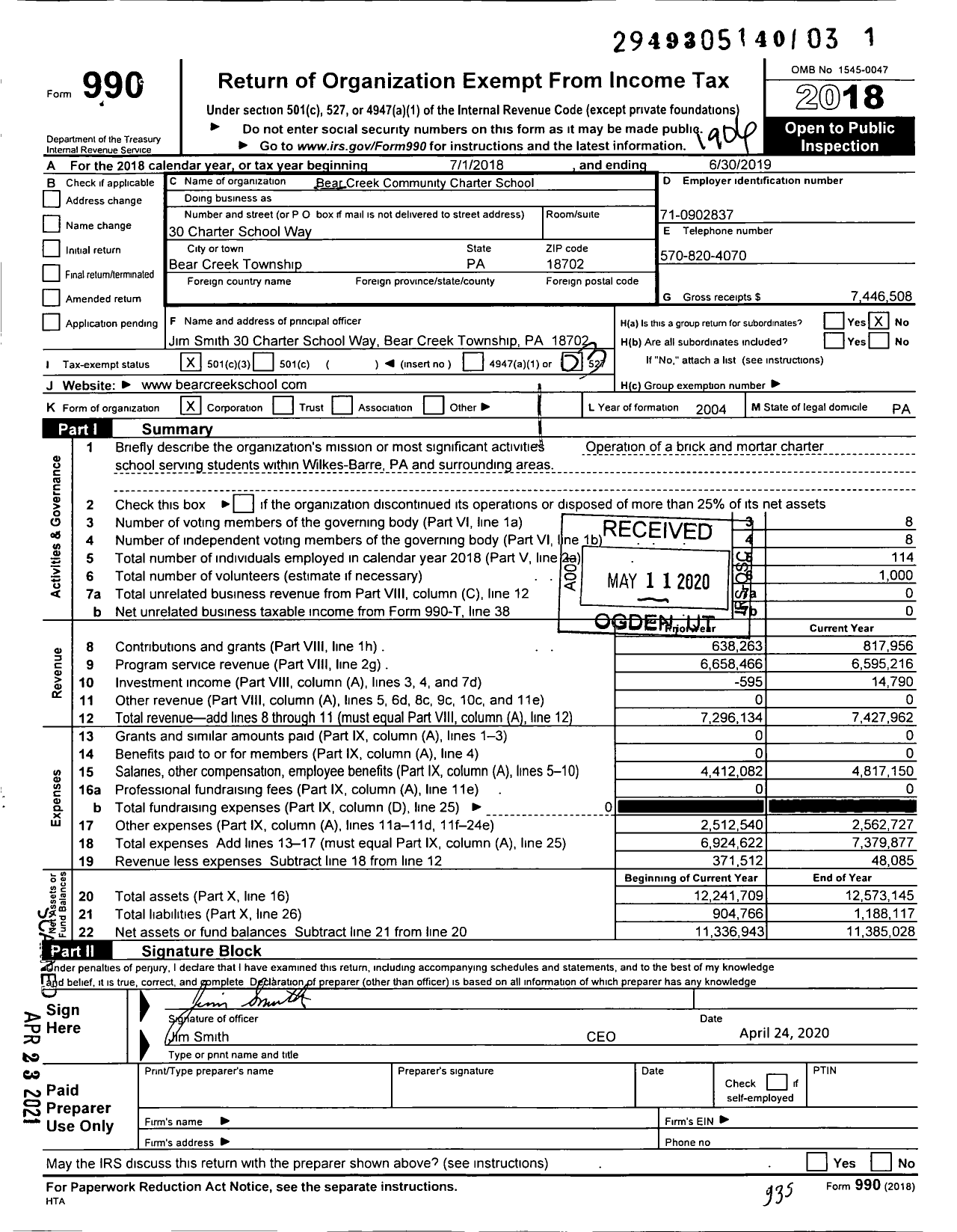 Image of first page of 2018 Form 990 for Bear Creek Community Charter School