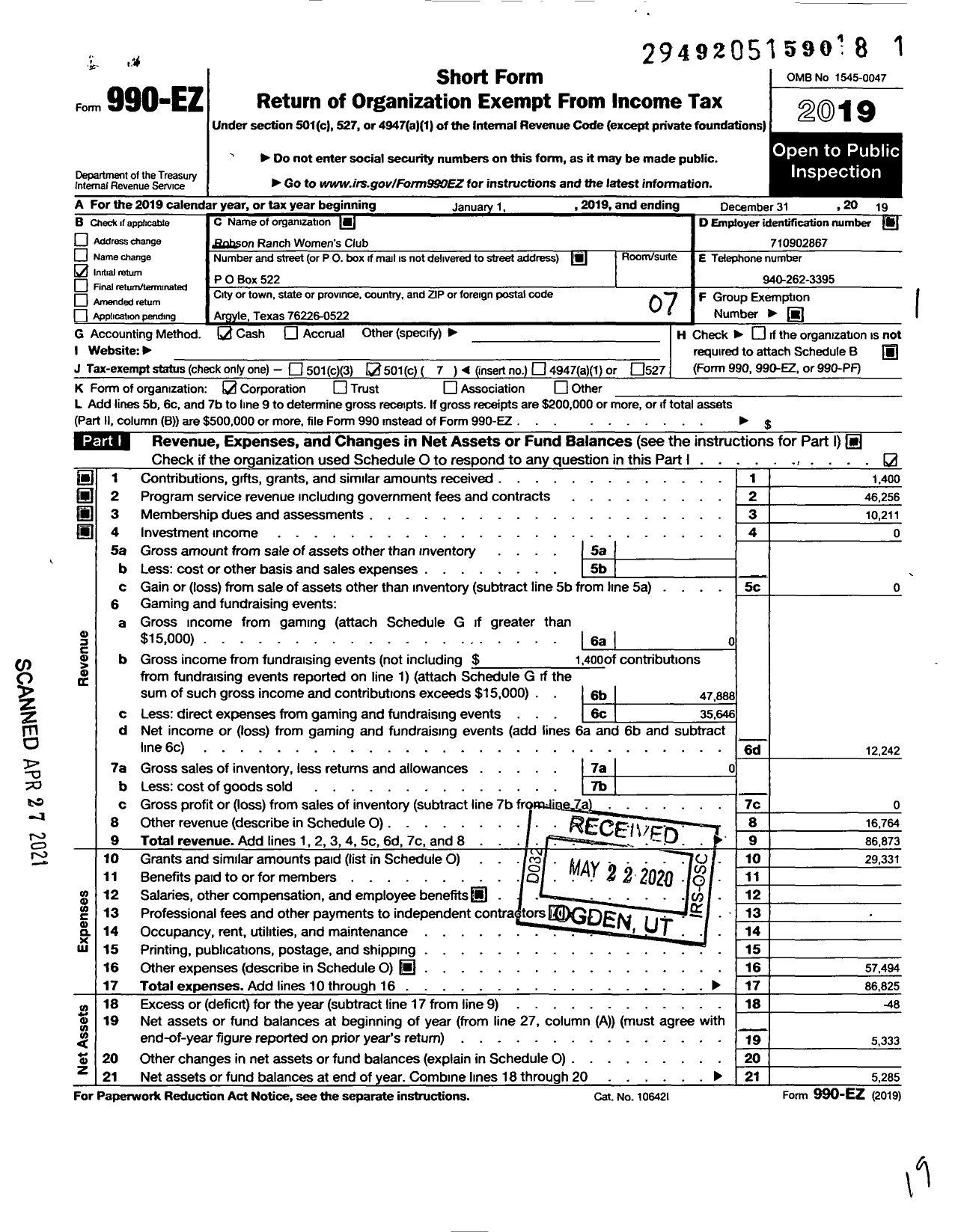 Image of first page of 2019 Form 990EO for Robson Ranch Womens Club