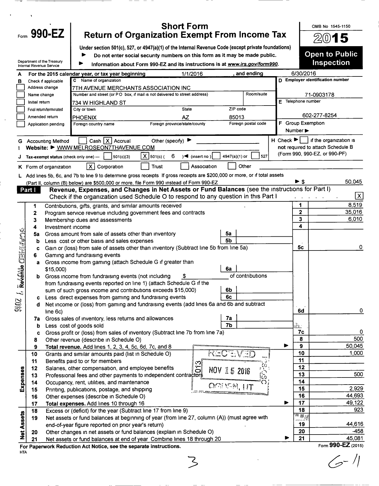 Image of first page of 2015 Form 990EO for 7th Avenue Merchants Association